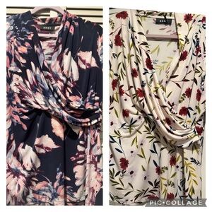 Set of 2 DKNY Floral Faux Wrap Stretchy Relaxed Fit Blouse Top Size L (likely)